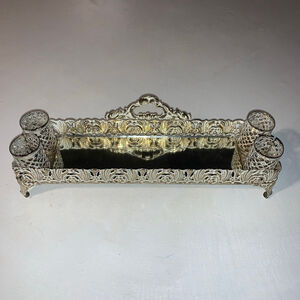 Unbranded white & Gold Filigree Mirrored Vanity Tray lipstick holder One Size